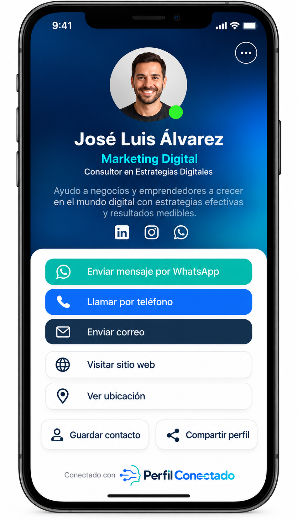 Ejemplo ilustrativo de un perfil de marketing digital con fotografía, redes sociales, botones de contacto y logo oficial de PerfilConectado.